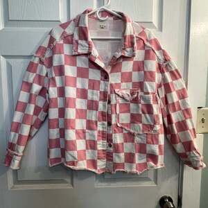 Pol Barbie Pink & White Checkerboard Boho Y2K Ahacket Sz Small Distressed Hem